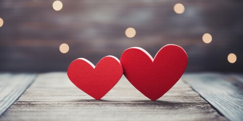 Two red paper hearts kissing on gray textured wood background, award winning studio photography, professional color grading, soft shadows,