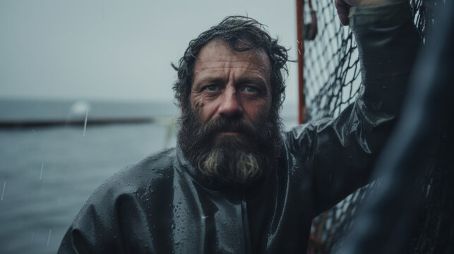 The fisherman catches fish in the sea. Hard work. Fishing net, boat, sea, fish. Male with beard. Rainy day