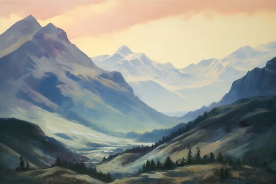 mountain landscape, mountains at dawn, oil painting, Generative AI 