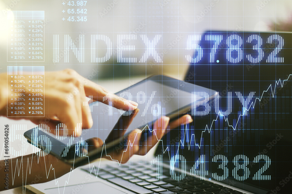 Poster multi exposure of abstract financial graph and hand working with a digital tablet on background, fin