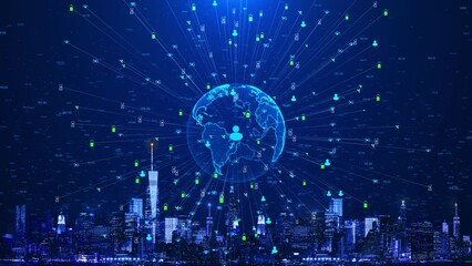 4K 3D Smart city Global network. Cyberspace big city. Concept 5G wireless digital Wireless Big data connection IOT internet of things Cyberpunk technology. Metaverse Virtual Blockchain Technology - Powered by Adobe