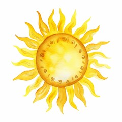 Yellow ink shiny sun watercolor illustration isolated on white background, Generative AI 