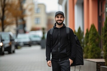 Obraz premium A stylish and confident young man dressed in casual urban fashion, radiating happiness and modern charm.