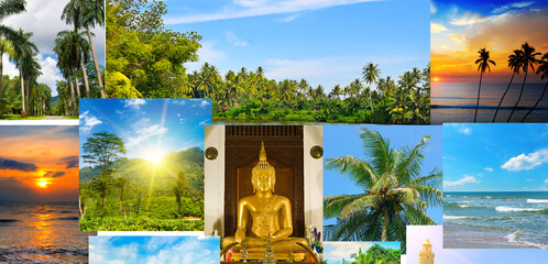 collage of tropical landscapes located in mosaic. Wide photo. Concept - vacation and travel. Sri...