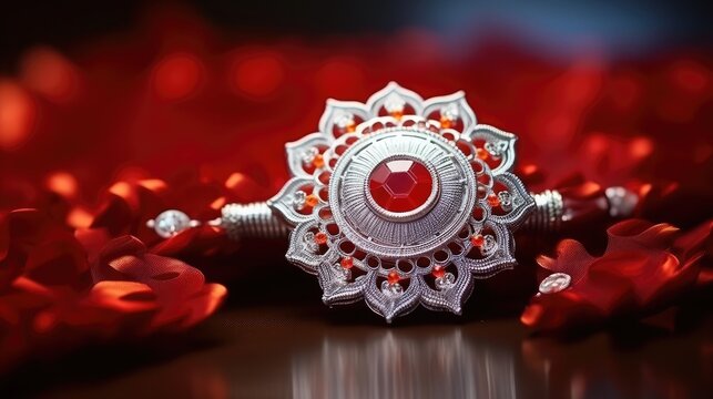 A photo realistic close up shot of red-colored Rakhi kept on silver plate. RAHUL written on it. Raksha 