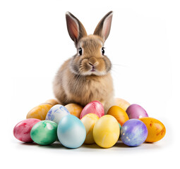 Fototapeta na wymiar adorable little brown easter bunny sitting in a pile of colored easter eggs isolated on white background made with generative ai