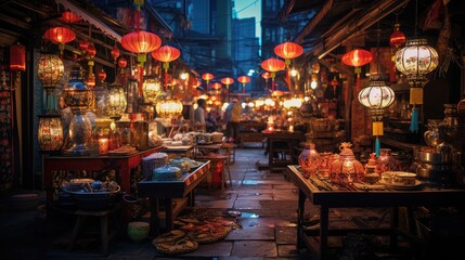A vibrant night market in a bustling Asian city, with colorful lanterns and exotic goods on display. - obrazy, fototapety, plakaty