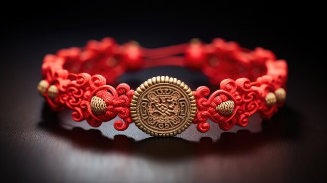 A traditional Chinese talisman bracelet, intricately woven with red thread and adorned with auspicious charms,