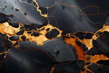 Black and gold marble texture with waves and bubbles. The marble surface is shiny and reflective. It creates a feeling of luxury and elegance. These patterns are realistic and lively.