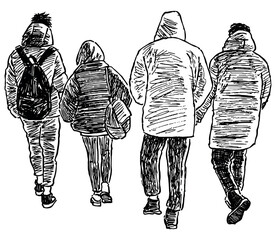 Hand drawing of casual urban pedestrians walking down street - 691055276