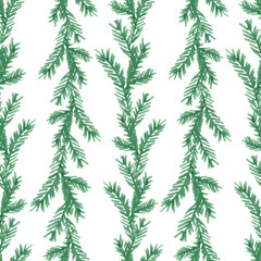 Seamless background of watercolor hand drawings green christmas tree branches in rows - 691055453
