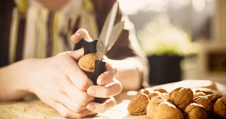 Close-up shot of a woman removing walnut kernels from their shells