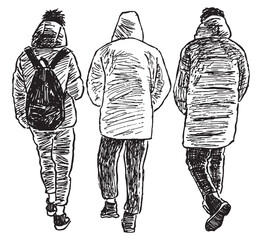 Sketch of three casual urban pedestrians walking together down street  - 691055607