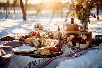 Christmas dinner outdoors, featuring a gourmet picnic spread with dishes like smoked salmon, champagne infused salads, and artisanal bread, Festive blankets