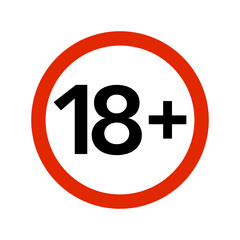 Red limit sign icon of 18+ age restriction sign.