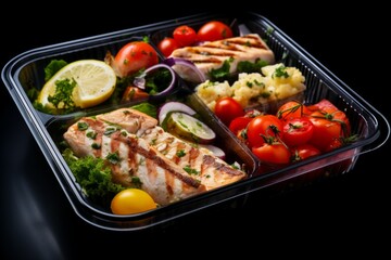 top view of lunch boxes with food rice, meat, salmon  vegetables and fruits centered on black background