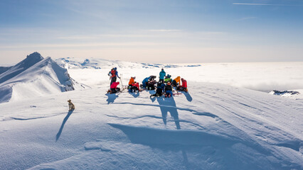 people and a dog at the summit