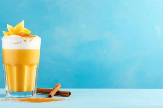 Glass of golden milk turmeric iced latte