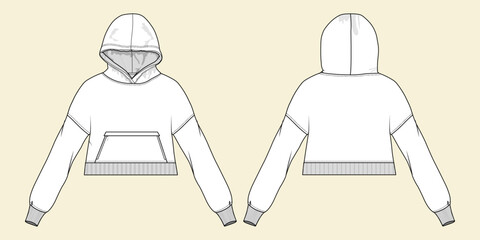 Hooded Crop Top fashion flat sketch template. Technical Fashion Illustration. Sweatshirt