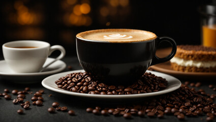 Steaming coffee mug on wooden surface, serene cafe atmosphere