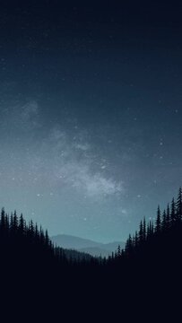 Pine forest mountain with starry night sky illustration looping animation