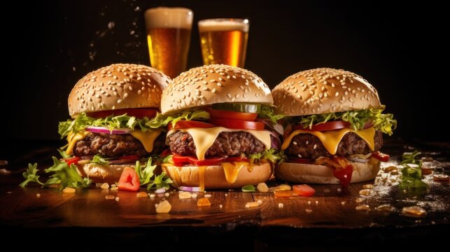 Three slider burgers with sliced tomato, lettuce, and meat. Generative Ai.