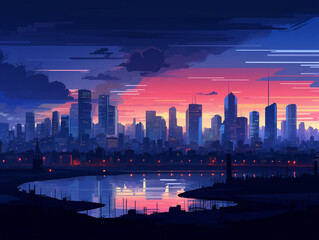A breathtaking dusk cityscape, showcasing glowing buildings and a mesmerizing skyline in vibrant colors.