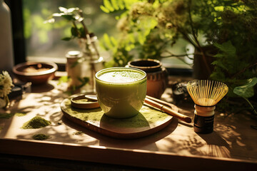 Matcha latte green milk foam cup on wood table at cafe. Golden hour. Trendy powered tea