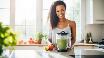 African american young woman blends fruits for detox smoothie in bright kitchen. Healthy food concept