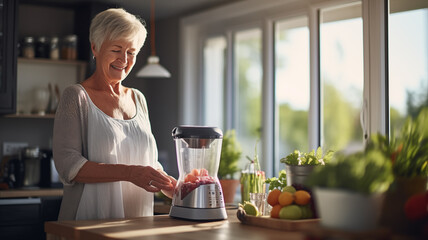 Happy old woman use modern blender machine in kitchen. Senior lady is cooking. Healthy food concept - obrazy, fototapety, plakaty