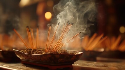 Incense is flourishing in the Buddhist temple, where monks are chanting sutras, Side view, depth of field control method, Impressionism, - obrazy, fototapety, plakaty