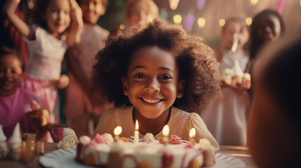 Cheerful little african american kid girl with cake celebrates birthday party with friends. Atmosphere of fun and celebration