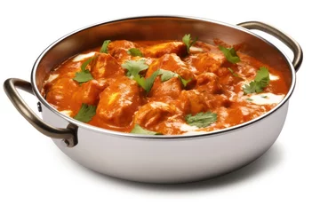 Fotobehang Indian butter chicken curry in balti dish isolated on transparent or white background © GalleryGlider