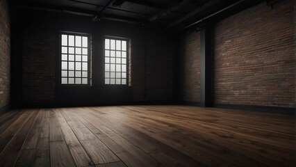 Empty black dark room with wooden flooring and brick walls from Generative AI