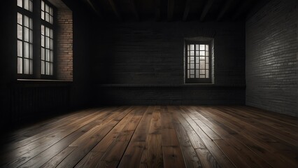 Obraz premium Empty black dark room with wooden flooring and brick walls from Generative AI