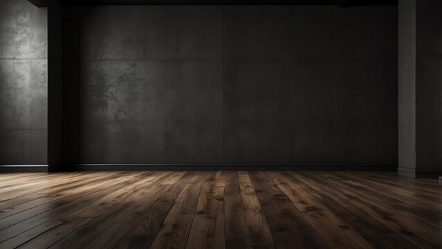Empty black dark room with wooden flooring and concrete walls from Generative AI
