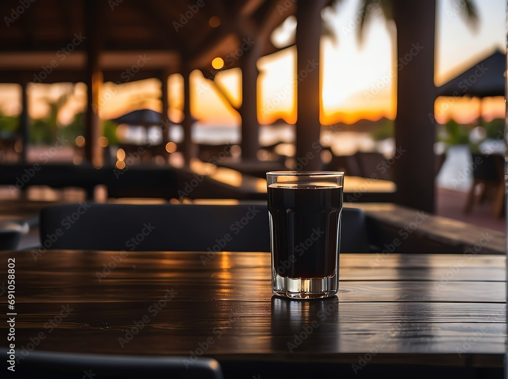 Poster black wooden table with a view of blurred beverages bar at a resort background from generative ai