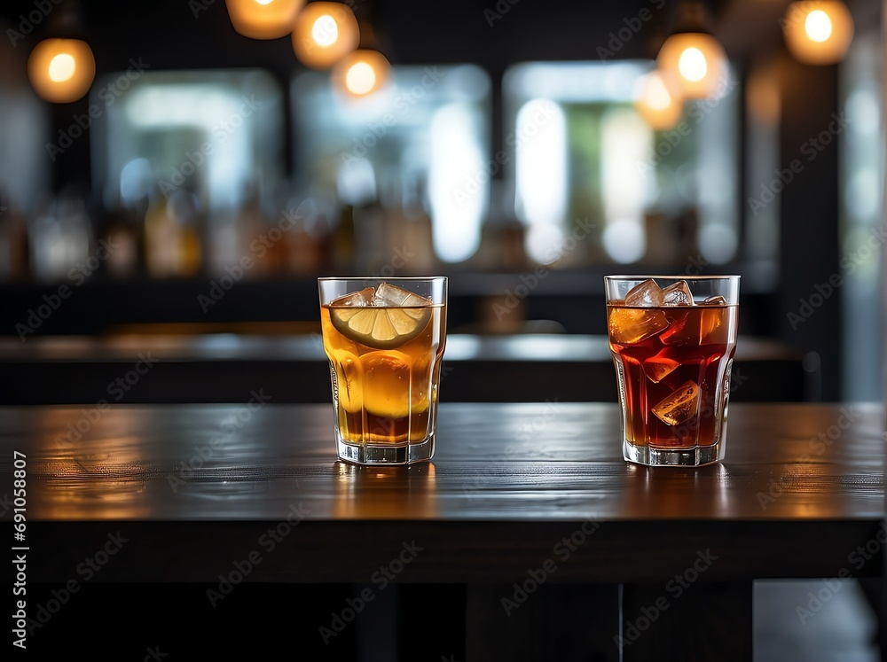 Poster black wooden table with a view of blurred beverages bar background from generative ai