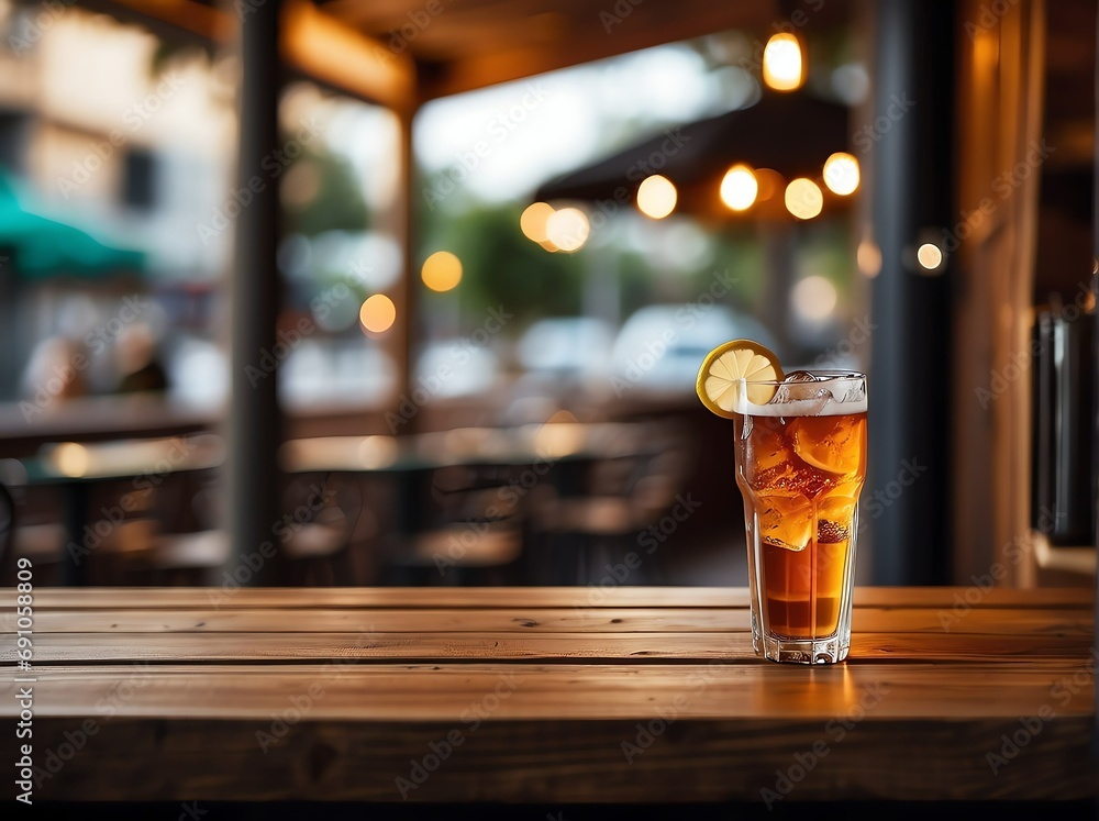 Poster wooden table with a view of blurred beverages bar background from generative ai
