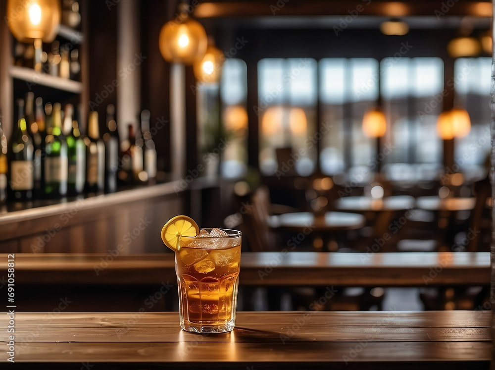 Poster wooden table with a view of blurred beverages bar background from generative ai