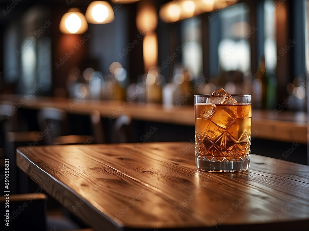 Poster wooden table with a view of blurred beverages bar background from generative ai