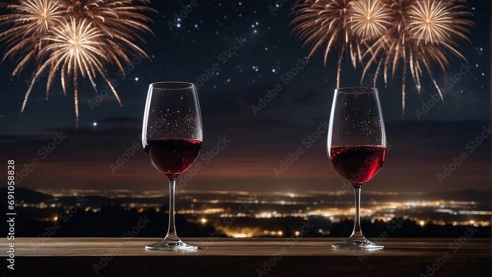 Poster wooden table with a glass of red wine and view of night sky with fireworks background from generativ