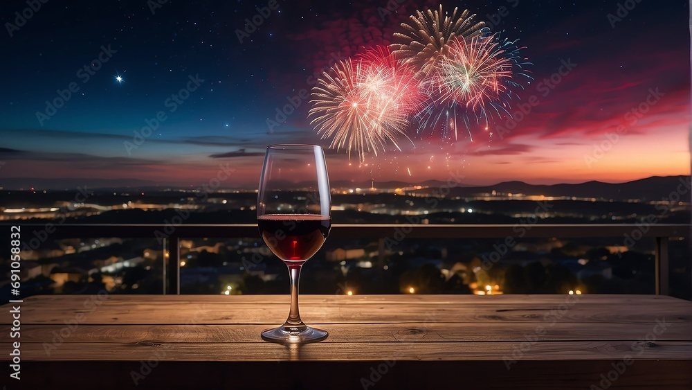 Poster Wooden table with a glass of red wine and view of night sky with fireworks background 8 from Generative AI