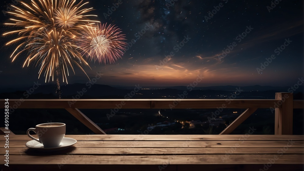 Poster wooden table with a mug of coffee and view of night sky with fireworks background from generative ai