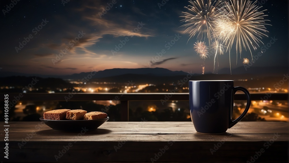 Poster wooden table with a mug of coffee and view of night sky with fireworks background from generative ai