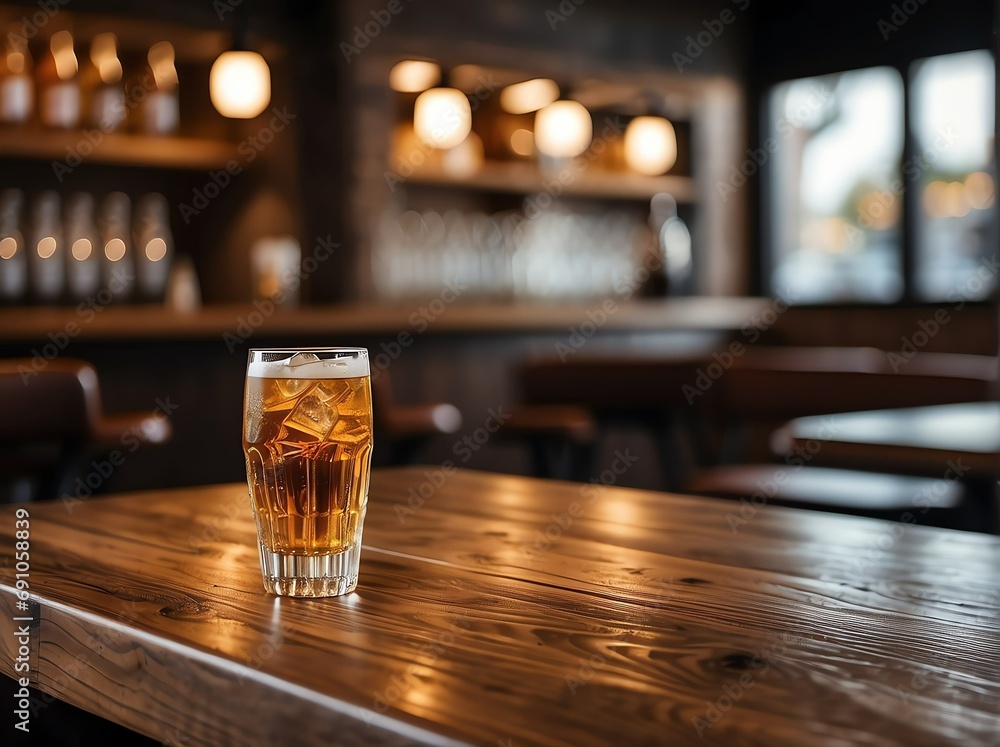 Poster wooden table with a view of blurred beverages bar background from generative ai