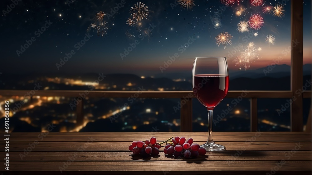 Poster wooden table with a glass of red wine and view of night sky with fireworks background from generativ