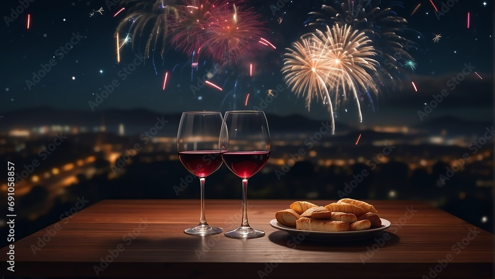 Poster wooden table with a glass of red wine and view of night sky with fireworks background from generativ