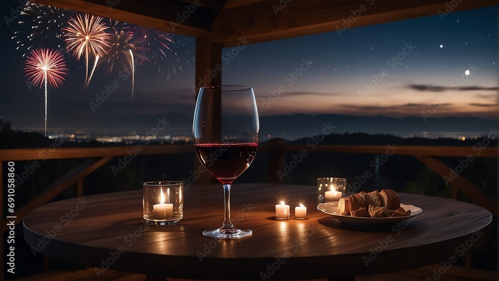 Poster wooden table with a glass of red wine and view of night sky with fireworks background from generativ