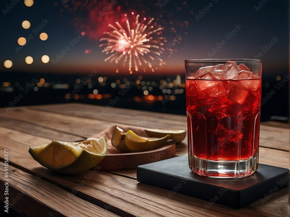 Poster wooden table with a glass of beverage and view of night sky with red fireworks background from gener